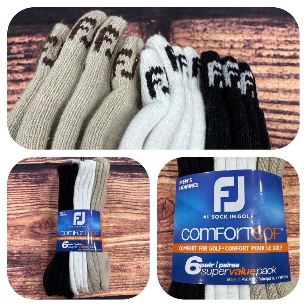 NWT FootJoy Comfortsof  LOW CUT Socks White Tan Black 7-12 6 Pair Mens Golf‎